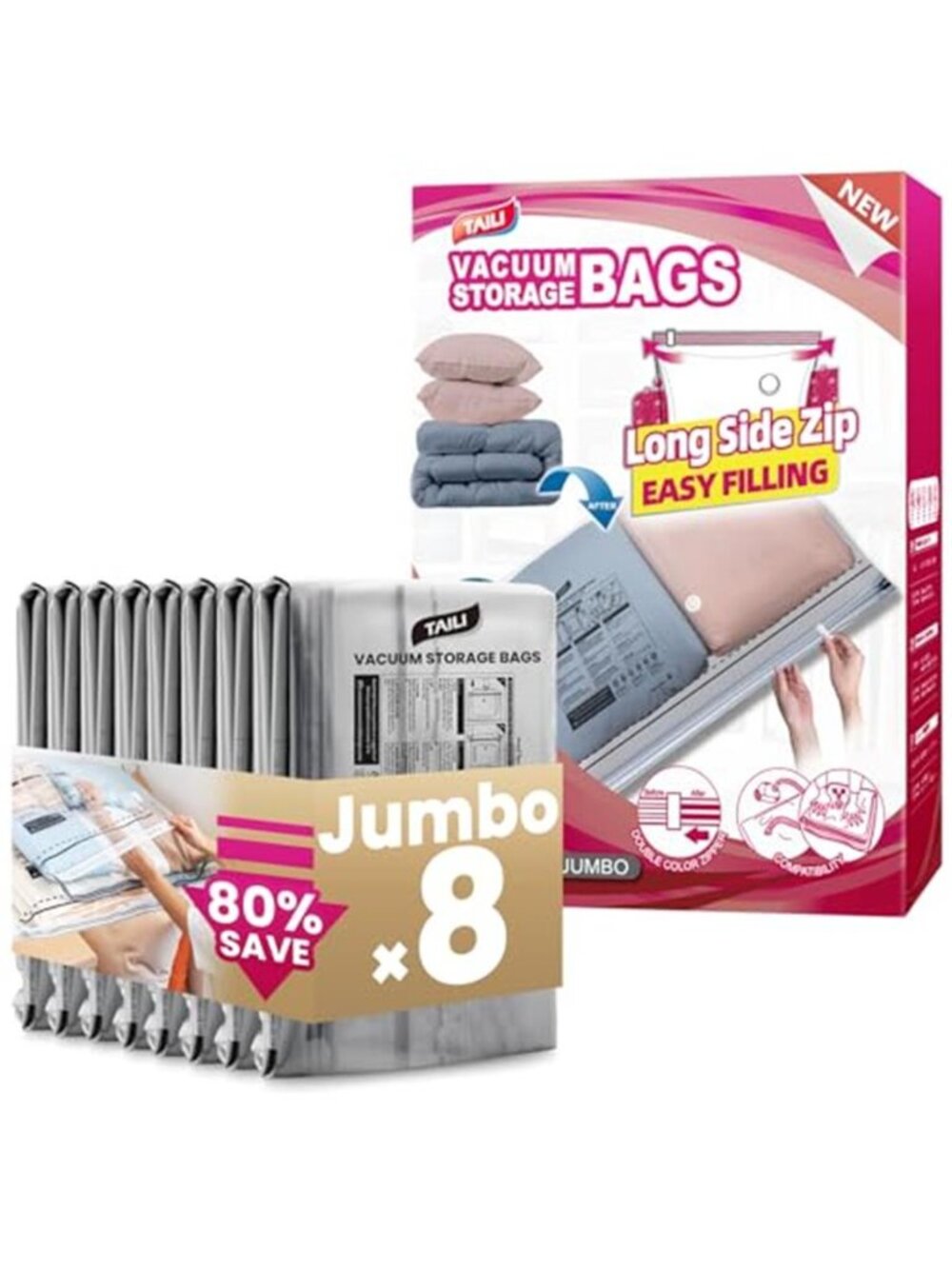 8 Pack Vacuum Storage Bags, Jumbo Size 39x28 inch, LONG SIDE ZIP Vacuum Seal Bag
